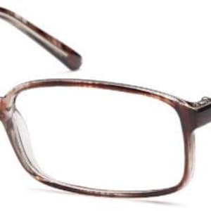 May include: Rectangular eyeglasses with a brown and clear speckled frame. The lenses are clear, and the temples are a darker brown. The glasses have a classic, understated design.