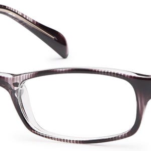 May include: Rectangular eyeglasses with a dark grey and clear striped pattern. The frames have a subtle gradient, transitioning from a darker shade at the top to a lighter tone towards the bottom. The temples are thin and feature a decorative element.