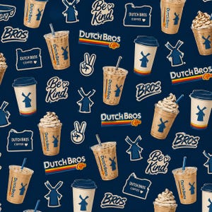 May include: A dark blue fabric pattern featuring Dutch Bros coffee cups, whipped cream topped drinks, windmill icons, peace signs, and the text "Dutch Bros Coffee", "Bros", and "Be Kind" in white, blue, yellow, and red colors throughout the design.