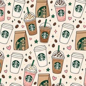 Könnte beinhalten: Ein sich wiederholendes Muster auf hellbeigem Hintergrund mit Starbucks-Kaffeebechern, braunen Papiertüten und rosa Eiskaffeegetränken mit Schlagsahne. Das Design enthält kleine dunkelbraune Kaffeebohnen, rosa Herzen und grüne Sterne.