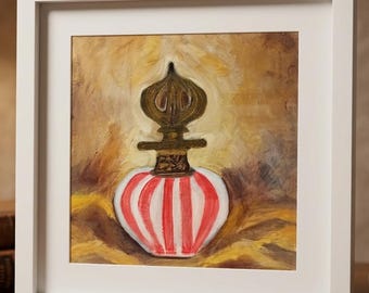 Vintage Perfume Bottle Acrylic Painting, Ornate Still Life Artwork (10''x10'')