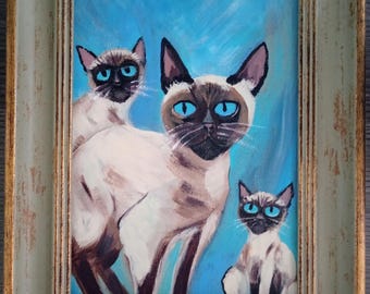 Mid-Century Siamese Cats Painting, Shabby Chic Distressed Frame, Folk Art Style