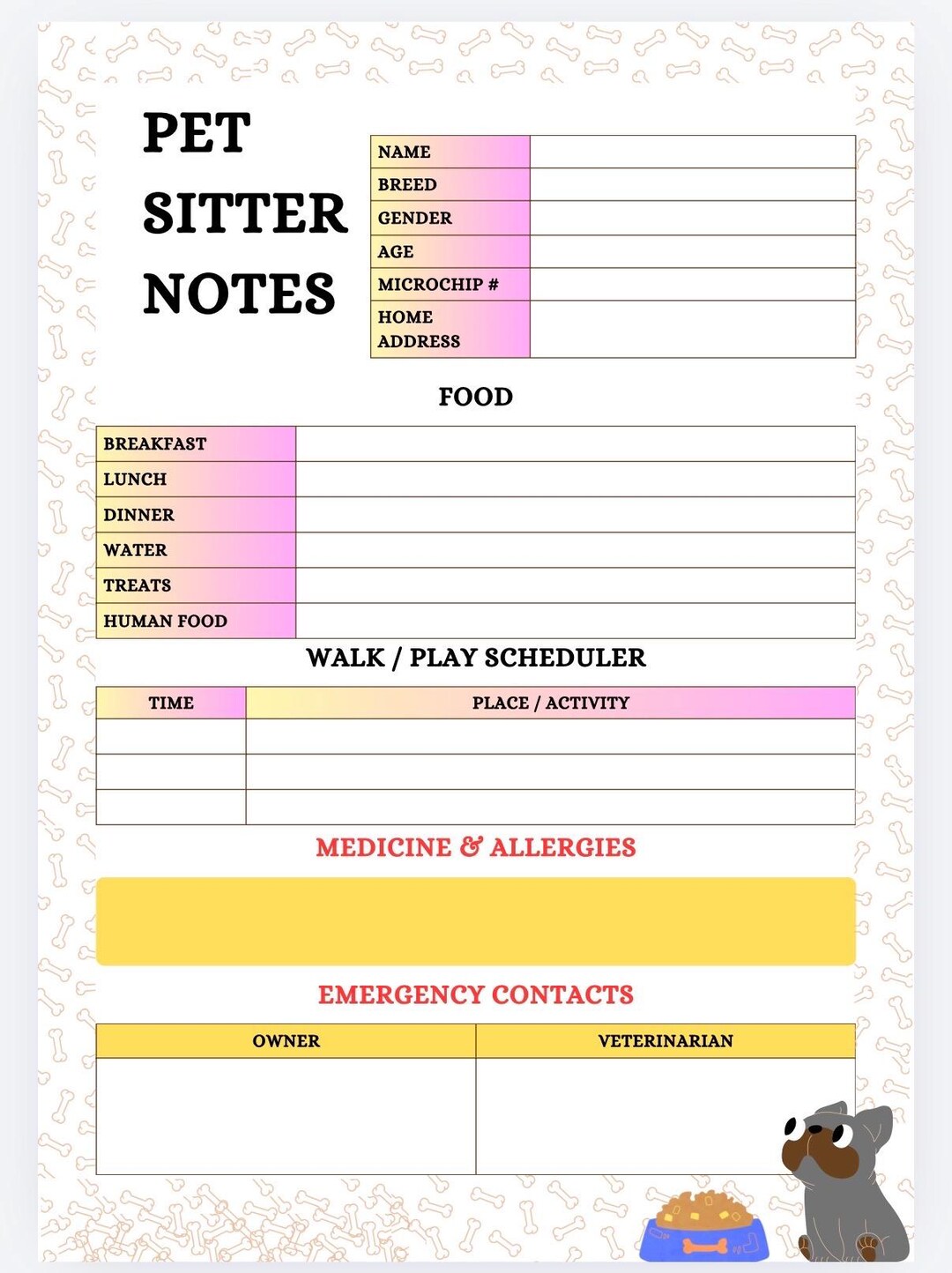 Dog Sitter Notes Template | Printable Pet Care Sheet | Dog Sitting ...