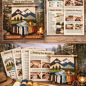 May include: A DIY wall hanging weaving kit with step-by-step instructions. The kit includes a woven wall hanging with a mountain and river design, pattern guide, supplies checklist, and finishing instructions. The color palette includes green, blue, brown, and orange.