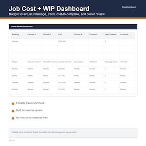 Construction Job Cost Excel Template, WIP Dashboard and Budget vs Actual Tracker