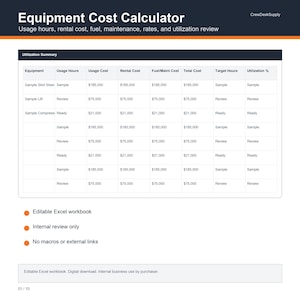 Modello Excel per il calcolo dei costi delle attrezzature edili, strumento di monitoraggio dell'utilizzo e del noleggio delle attrezzature.
