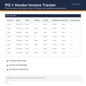 Construction Purchase Order Tracker Excel Template, Vendor Invoice Log, Three Way Match and AP Aging