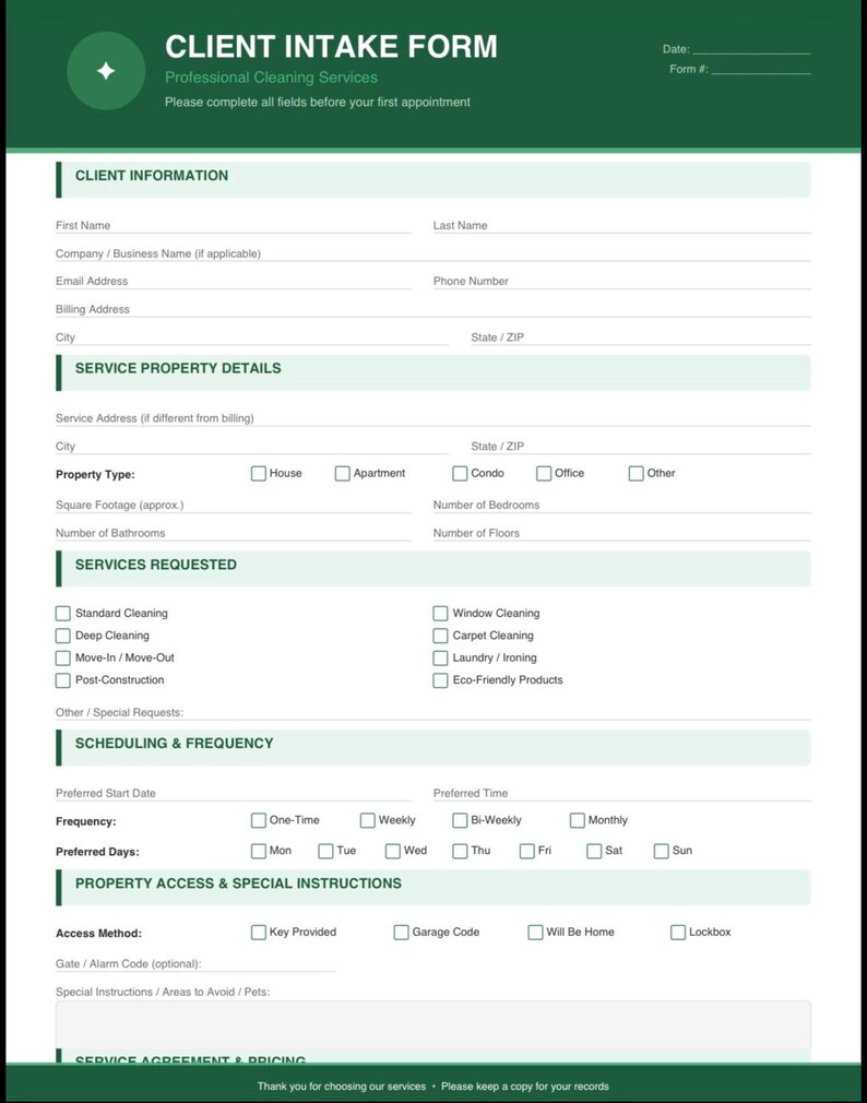 Cleaning Business Client Intake Form | Editable PDF Template | Small ...