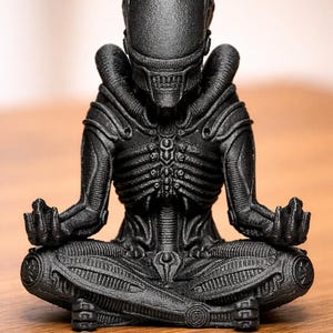May include: A matte black 3D printed figurine of a Xenomorph creature from the Alien franchise, depicted in a seated lotus meditation pose with hands resting on knees, featuring intricate biomechanical ribcage and head details.