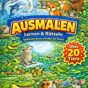 Ausmalbuch Tiere Kinder PDF, 20 Tiere Lernen&Rätseln, Wassertiere Waldtiere Kriechtiere Amphibien, Beschäftigungsbuch 5-9 Jahre, Druck