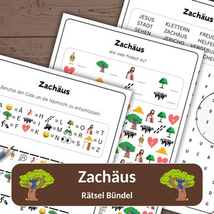 May include: A set of German language activity sheets titled "Zachäus", featuring word searches, code-breaking puzzles, and illustrations of trees, people, and hearts. A pencil and magnifying glass are also visible.