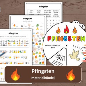 May include: Educational resources featuring the German word "Pfingsten". The image shows worksheets, a word search, and a circular diagram with illustrations and text. A set of coloured pencils is arranged on the right side of the image.