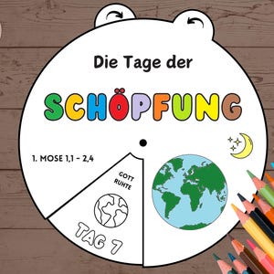 Pode incluir: Um gráfico educacional circular branco com o texto alemão "Die Tage der Schöpfung" em letras coloridas. O gráfico inclui ilustrações da Terra, da lua e das estrelas e é cercado por lápis de cor.