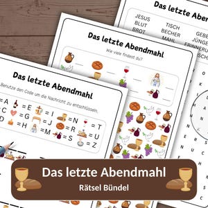 May include: A set of printable activity sheets titled "Das letzte Abendmahl" (The Last Supper). The sheets feature word searches, code-breaking puzzles, and illustrations of bread, wine, and religious symbols. A pencil and magnifying glass are also visible.