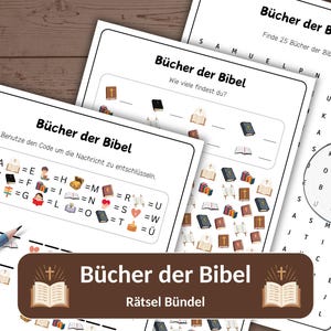 Op de afbeelding: Drie printbare activiteitenbladen getiteld Bücher der Bibel met woordzoekers, code-kraakopdrachten en illustraties van boeken, kaarsen en harten. De pagina's bevatten diverse iconen en tekst in het Duits voor educatief gebruik.