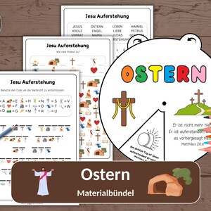 May include: Educational Easter-themed printables, including worksheets with coded messages and a wheel featuring religious symbols. The word "Ostern" is displayed. Coloured pencils are also visible.