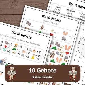 May include: A collection of printable activity sheets with the title "Die 10 Gebote" (The 10 Commandments). The sheets include word searches, code-breaking puzzles, and illustrations of Moses. A pencil is visible on one sheet.