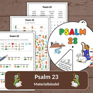 Pode incluir: Um conjunto de materiais educativos para o Salmo 23, incluindo folhas de trabalho, uma sopa de letras e uma roda de cores. Os materiais apresentam ilustrações de um pastor com ovelhas, montanhas e um rio. Lápis de cor estão dispostos sobre uma superfície de madeira.