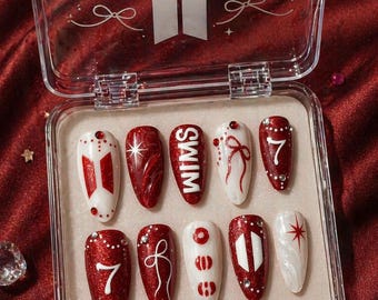 Kpop Inspired Cupid Voyage Nails, 7 Spirit Arirang Love Muse Press Ons, Red White Silver Retro Pop Nails, Coquette Fandom Nails