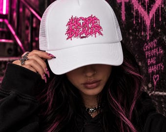 Gothic HOPE DEALER Trucker Hat, Pink Drip Design, Cross Detail, Punk Alternative Streetwear Cap
