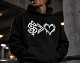 Felpa con cappuccio Money Over Love, grafica a cuore effetto invecchiato, stile streetwear.