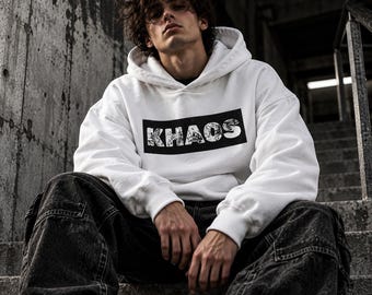 Felpa con cappuccio effetto invecchiato KHAOS, felpa streetwear grunge, felpa con cappuccio grafica unisex, abbigliamento dark alternativo