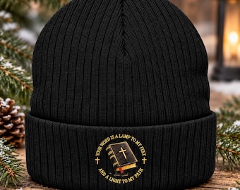 Embroidered Cross Beanie, Recycled Polyester Acrylic Knit Hat, Faith-Based Winter Accessory