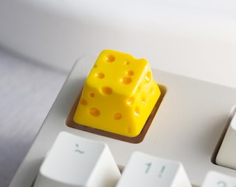 Tecla artesanal con diseño de queso para teclados mecánicos, tecla personalizada de resina con diseño de queso suizo amarillo, accesorio kawaii con temática de comida, vástago Cherry MX.