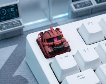 Tecla artesanal Zaku Gundam - Tecla personalizada de resina con cabeza de robot Zaku llorando en rojo - Accesorio para teclado mecha