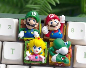 Teclas artesanales inspiradas en Super Mario / Mario, Luigi, Yoshi, Princesa Peach / Decoración personalizada para teclado mecánico / Regalo para gamers