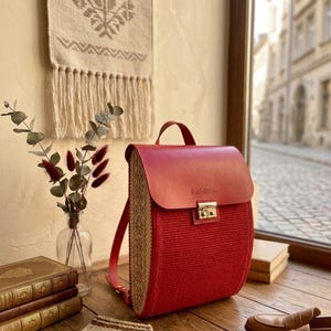 KİLTSE "Ruta" — Woven Cord Backpack with Embroidered Wooden Sides, Leather Urban Daypack, Traditional Style Rucksack, Custom Color, Gift