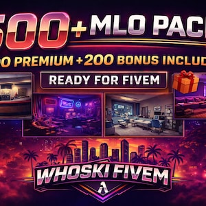 Puede incluir: Gráfico promocional para un paquete MLO de más de 500 elementos, que incluye 300 premium y 200 de bonificación, listo para FiveM. El diseño presenta escenas de interiores, una caja de regalo y un paisaje urbano con palmeras, con el texto "WHOSKI FIVEM".