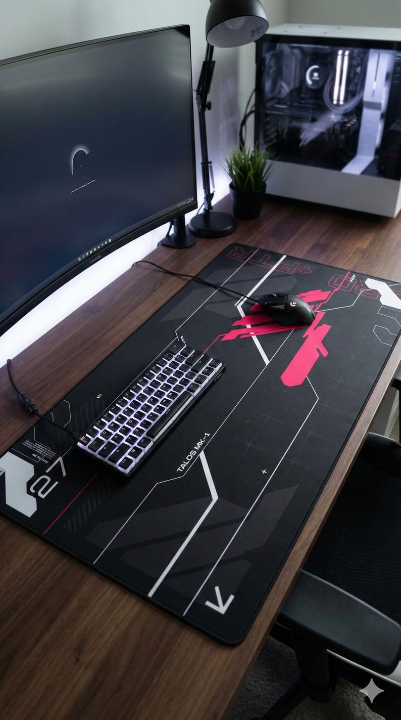 May include: A computer desk setup featuring a black and pink gaming mousepad with a white keyboard and a black mouse. A computer monitor, a black desk lamp, and a white computer case are also visible. The mousepad has the text "TALOS MK-1".