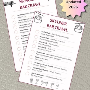 May include: Two white paper checklists titled Monorail Bar Crawl and Skyliner Bar Crawl with black text and line art icons of monorails, gondolas, and cocktails. A pink and yellow starburst graphic in the corner reads Updated 2026.