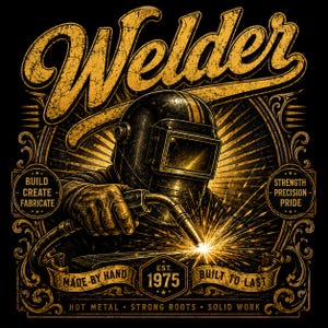 May include: A graphic illustration of a welder wearing a protective helmet and gloves, holding a welding torch with sparks. The text reads "Welder", "Build Create Fabricate", "Strength Precision Pride", "Made By Hand", "Est. 1975", "Built To Last".