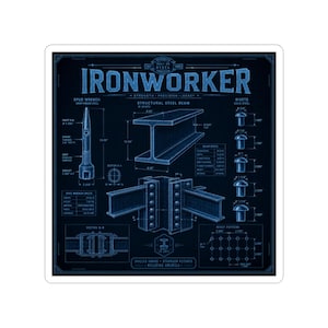 May include: A blue and white technical blueprint graphic titled IRONWORKER featuring detailed illustrations of a spud wrench, a structural steel beam, and various rivets with specific metric measurements and technical specifications listed throughout.