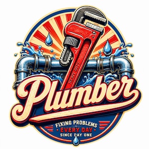 Peut inclure: Un graphique circulaire montrant une clé à tube rouge, des tuyaux métalliques bleus et des éclaboussures d'eau. Le texte indique Plumber, Fixing Problems, Every Day et Since Day One. Le design utilise un fond en rayons de soleil rouge et jaune.