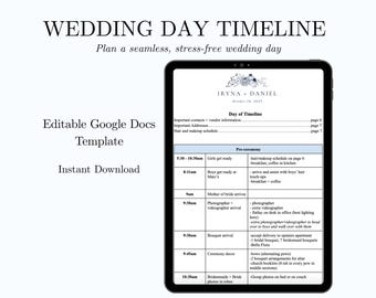 結婚式当日のタイムラインテンプレート、編集可能なGoogleドキュメントのウェディングプランナー、結婚式のスケジュールテンプレート、ブライダルプランニングチェックリスト、当日のスケジュール