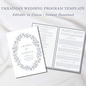 May include: A white wedding program template with navy blue text and a floral wreath design. The text reads "Ukrainian Wedding Program Template" and "Editable in Canva | Instant Download". The program includes the names "Iryna & Daniel".