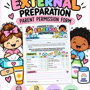 Könnte beinhalten: Ein druckbares Formular für die elterliche Erlaubnis zur äußeren Anwendung mit Cartoon-Kindern, rosa Herzen und einer Checkliste für Artikel wie Feuchttücher, Sonnencreme und Lotion. Format 21,6 cm mal 27,9 cm.