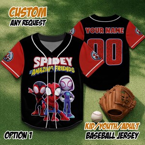 May include: Black baseball jersey with red sleeves featuring Spidey and His Amazing Friends characters. Includes a baseball glove and ball. Text on the jersey reads "CUSTOM ANY REQUEST" and "KID/YOUTH/ADULT BASEBALL JERSEY".