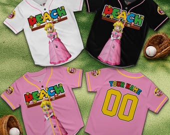 Personalized Princess Peach Baseball Jersey, Mario Princess Button Shirt, Custom Name Number, Girls Birthday Outfit
