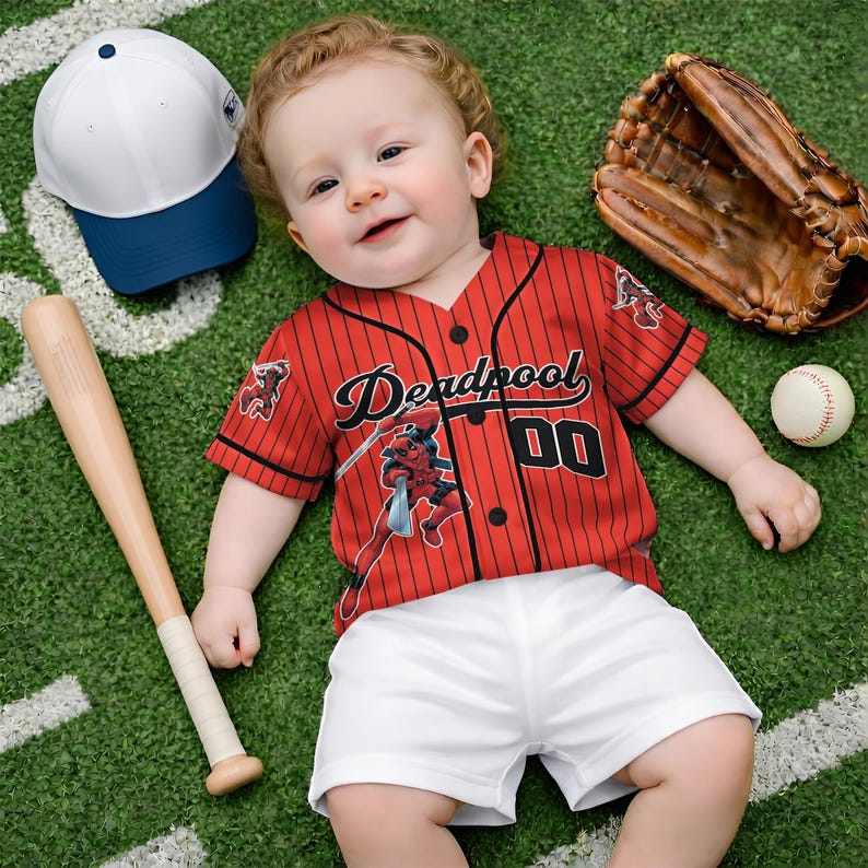 May include: A baby wearing a red and black pinstripe baseball jersey with the word "Deadpool" and the number "00" on the front. The baby is also wearing white shorts. A baseball bat, baseball glove, baseball, and a white and blue baseball cap are nearby.