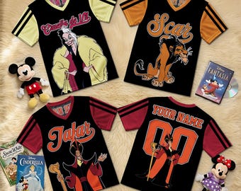 Personalized Disney Villains Football Jersey, Cruella de Vil Scar Jafar Shirt, Custom Name Villain Squad Birthday Gift for Kids Family