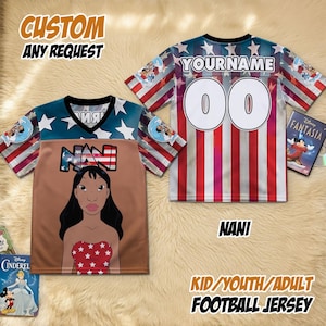 May include: Two custom football jerseys. One features a portrait of Nani with the text "NANI" and a red, white, and blue design. The other jersey has a red and white striped design with the text "YOURNAME" and the number "00". The text "CUSTOM ANY REQUEST" is also visible.