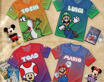 Custom Super Mario Kids Baseball Jersey, Mario Luigi Yoshi Toad Cartoon Shirt, Personalized Nintendo Birthday Gift for Kids Jersey Y2K