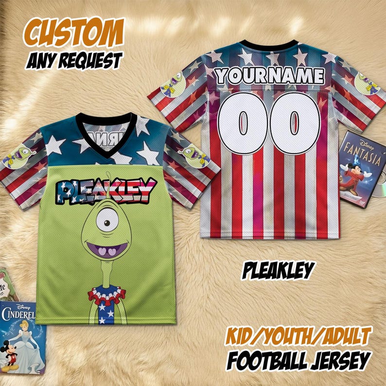 May include: Two football jerseys with custom designs. One features a green alien character with the name "PLEAKLEY" and the other has red and white stripes with the name "YOURNAME" and the number "00". The jerseys are labeled "KID/YOUTH/ADULT FOOTBALL JERSEY".