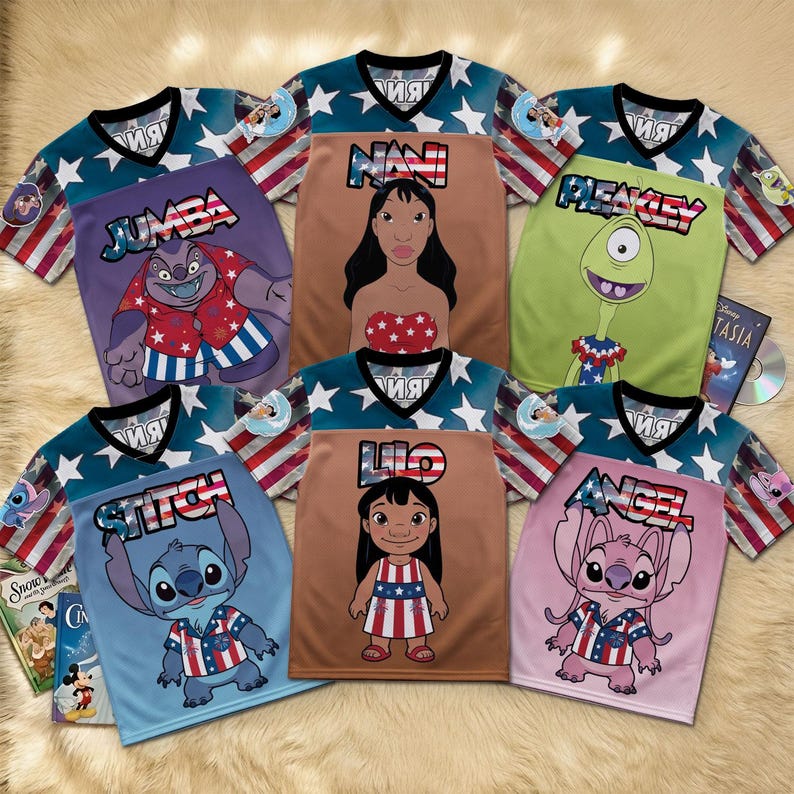 May include: A collection of colorful t-shirts featuring characters from the animated film Lilo & Stitch. Each shirt has a unique design, including characters like Stitch, Lilo, and others, with patriotic themes and star-spangled sleeves.