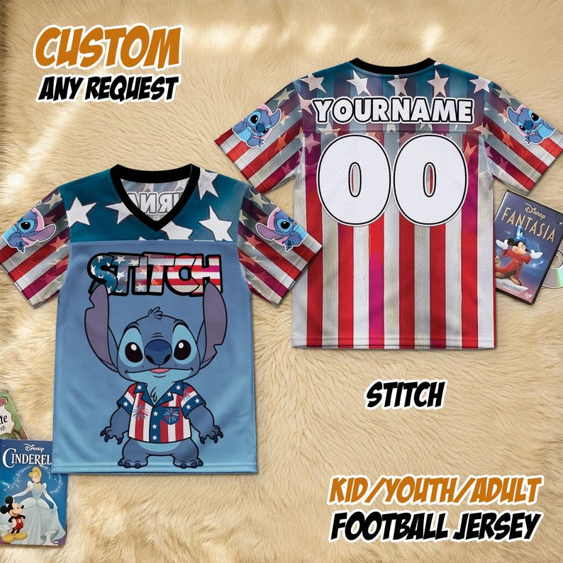 May include: Two custom football jerseys featuring the character Stitch. One jersey is light blue with Stitch's image and the word "STITCH". The other jersey has red and white stripes with the text "YOURNAME" and the number "00". The text "CUSTOM ANY REQUEST" is also visible.