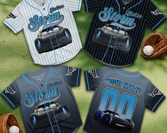 Custom Jackson Storm Jersey, Personalized Cars Racing Shirt, Black Blue Car Baseball Jersey, Kids Gift